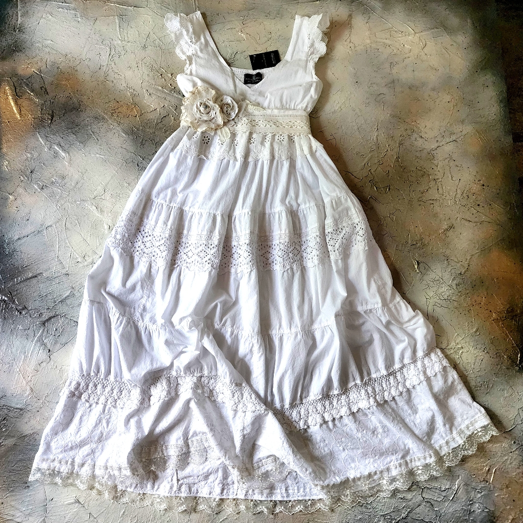 Designer White Maxi Dress Boho Upcycled 100% Cotton Rose Pin Pearl Belt
